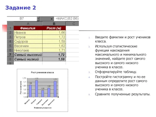 Введите фамилии и рост учеников класса. Используя статистические функции нахождения максимального