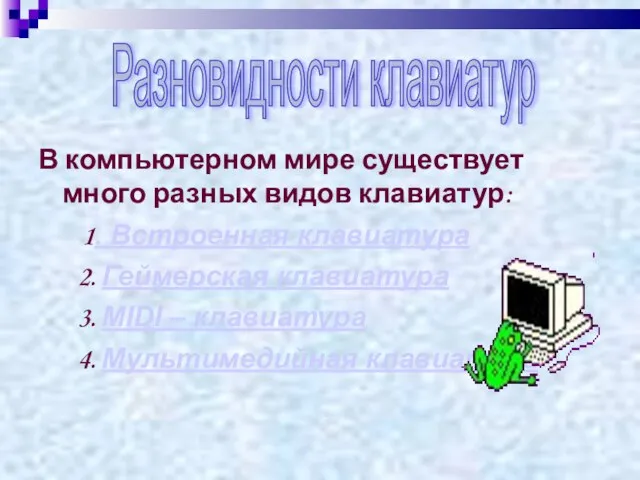 В компьютерном мире существует много разных видов клавиатур: 1. Встроенная клавиатура