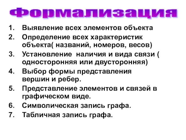 Формализация Выявление всех элементов объекта Определение всех характеристик объекта( названий, номеров,