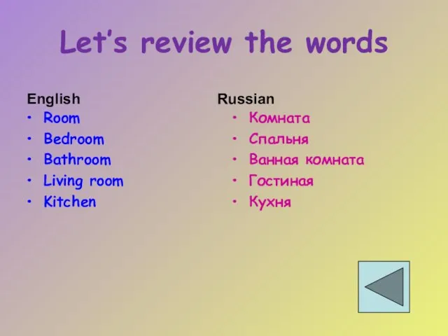 Let’s review the words Room Bedroom Bathroom Living room Kitchen Комната