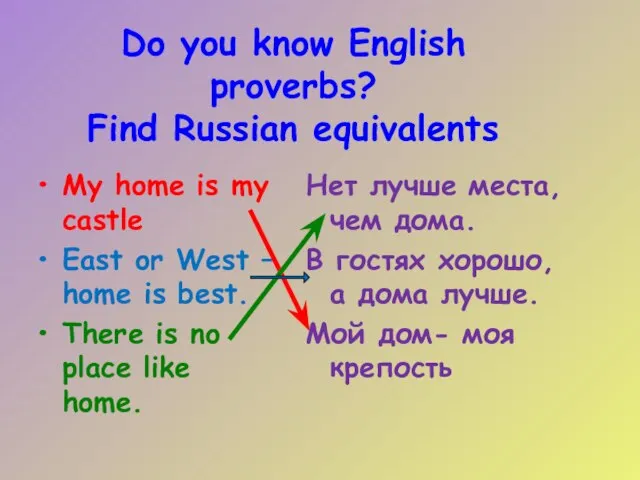 Do you know English proverbs? Find Russian equivalents My home is