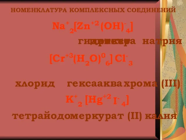 тетра гидроксо цинкат НОМЕНКЛАТУРА КОМПЛЕКСНЫХ СОЕДИНЕНИЙ Na+2 4] (OH)- [Zn+2 натрия