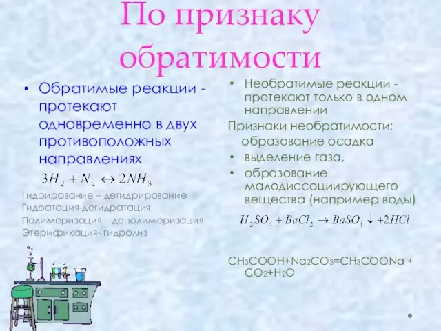 По признаку обратимости Необратимые реакции - протекают только в одном направлении