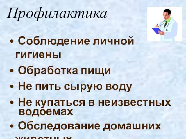 Профилактика Соблюдение личной гигиены Обработка пищи Не пить сырую воду Не