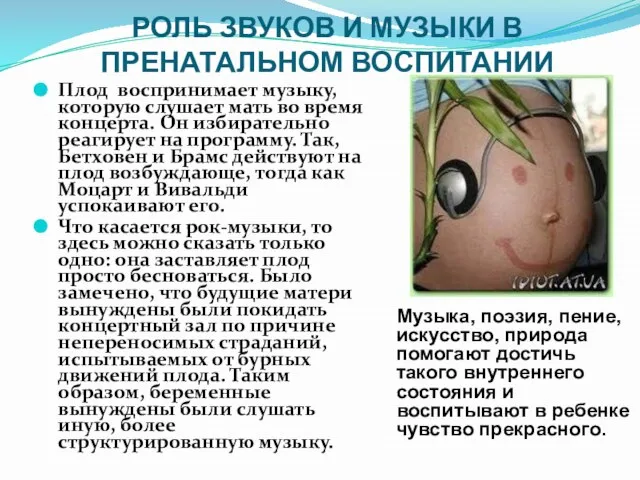 РОЛЬ ЗВУКОВ И МУЗЫКИ В ПРЕНАТАЛЬНОМ ВОСПИТАНИИ Плод воспринимает музыку, которую