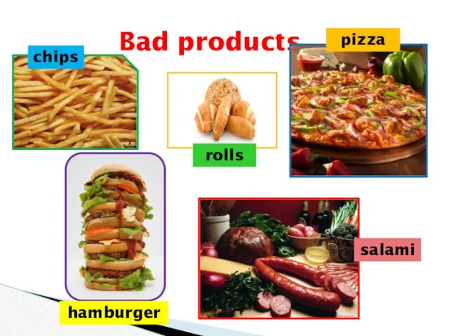 Bad products hamburger pizza salami rolls chips