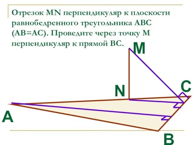 Отрезок MN перпендикуляр к плоскости равнобедренного треугольника АВС (АВ=АС). Проведите через