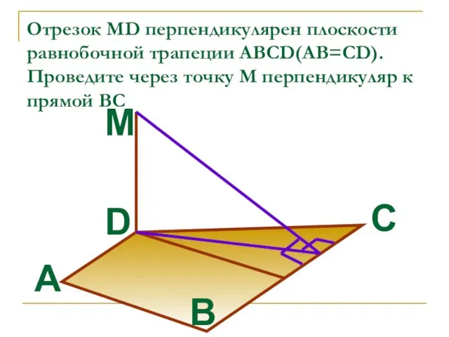 Отрезок MD перпендикулярен плоскости равнобочной трапеции ABCD(AB=CD).Проведите через точку М перпендикуляр