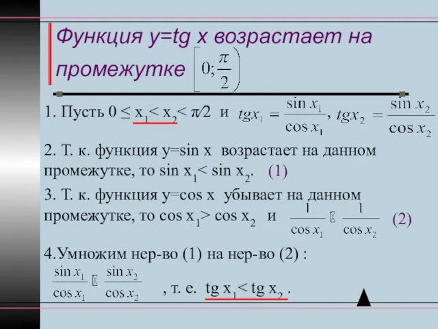 Функция y=tg x возрастает на промежутке 1. Пусть 0 ≤ x1