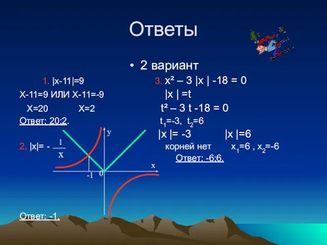 Ответы 2 вариант 1. |х-11|=9 3. х² – 3 |х |