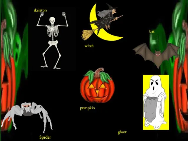 skeleton pumpkin ghost bat witch Spider