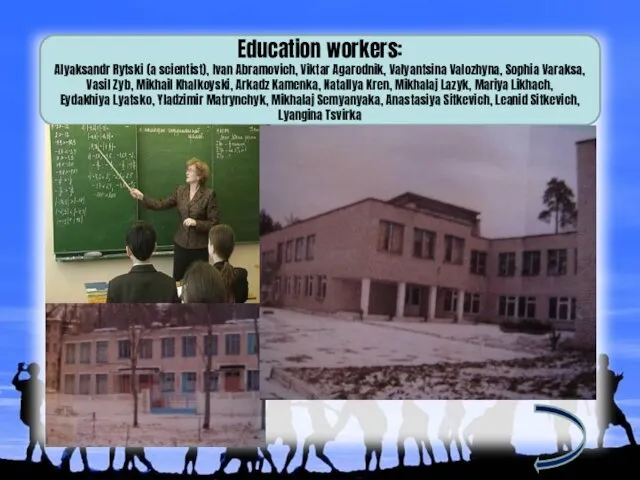 Education workers: Alyaksandr Rytski (a scientist), Ivan Abramovich, Viktar Agarodnik, Valyantsina