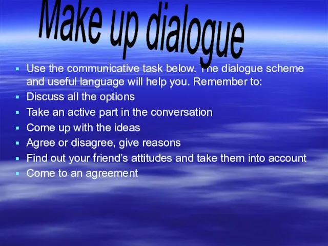 Use the communicative task below. The dialogue scheme and useful language