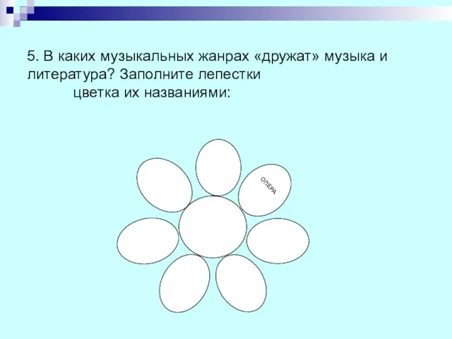 5. В каких музыкальных жанрах «дружат» музыка и литература? Заполните лепестки цветка их названиями: