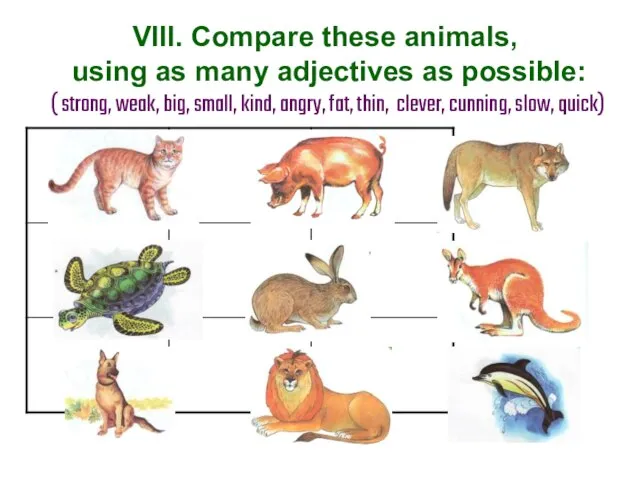 VIII. Compare these animals, using as many adjectives as possible: (