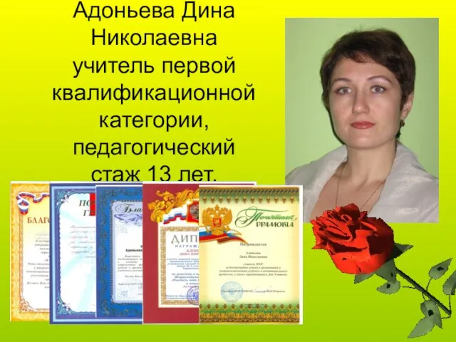 Адоньева Дина Николаевна учитель первой квалификационной категории, педагогический стаж 13 лет.