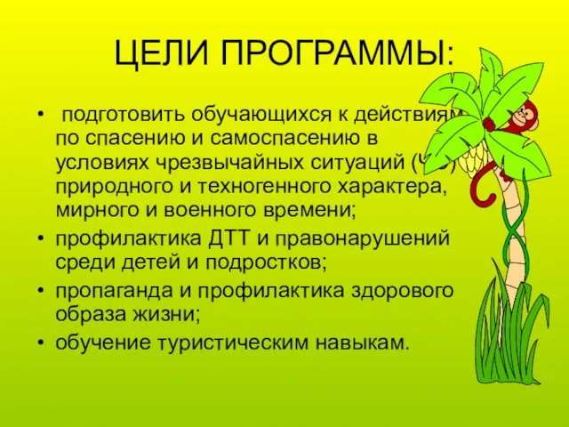 ЦЕЛИ ПРОГРАММЫ: подготовить обучающихся к действиям по спасению и самоспасению в