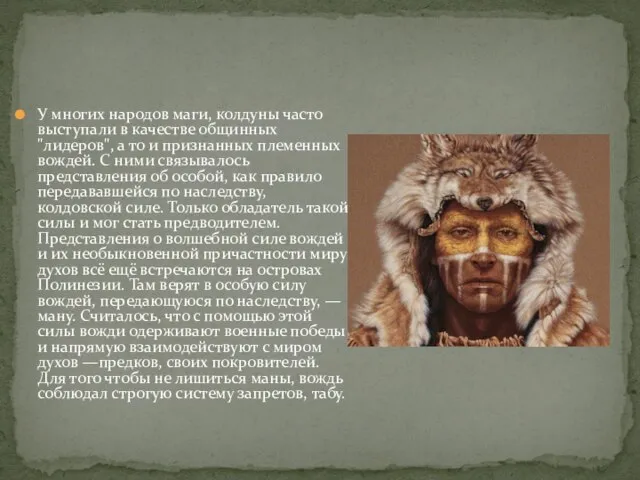 У многих народов маги, колдуны часто выступали в качестве общинных "лидеров",