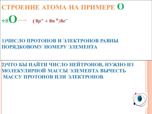 Строение атома на примере О +8О ( 1)Число протонов и электронов