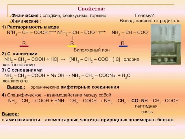 Свойства: 1) Растворимость в воде N+H3 – CH – COOH N+H3