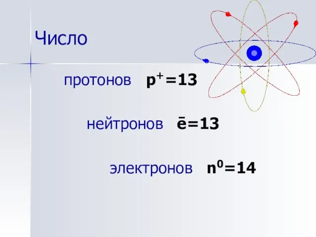 Число протонов p+=13 нейтронов ē=13 электронов n0=14