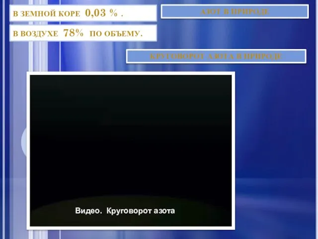 АЗОТ В ПРИРОДЕ В ВОЗДУХЕ 78% ПО ОБЪЕМУ. В ЗЕМНОЙ КОРЕ