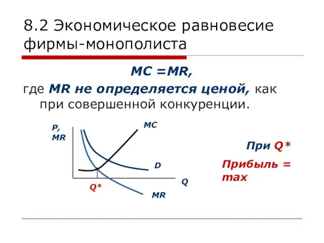 8.2 Экономическое равновесие фирмы-монополиста MC =MR, где MR не определяется ценой,