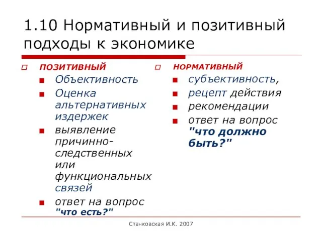 Станковская И.К. 2007 1.10 Нормативный и позитивный подходы к экономике ПОЗИТИВНЫЙ