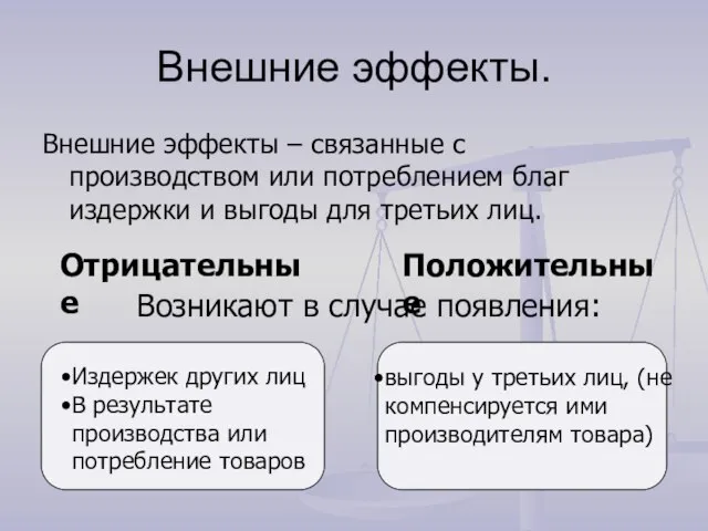 Внешние эффекты. Внешние эффекты – связанные с производством или потреблением благ