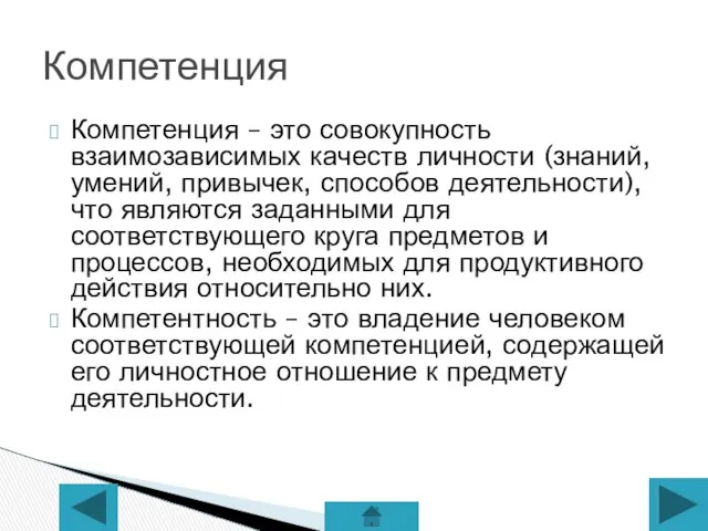 Компетенция – это совокупность взаимозависимых качеств личности (знаний, умений, привычек, способов