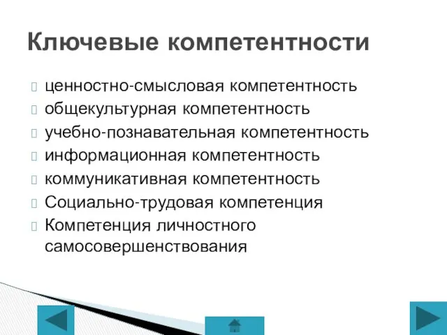 ценностно-смысловая компетентность общекультурная компетентность учебно-познавательная компетентность информационная компетентность коммуникативная компетентность Социально-трудовая