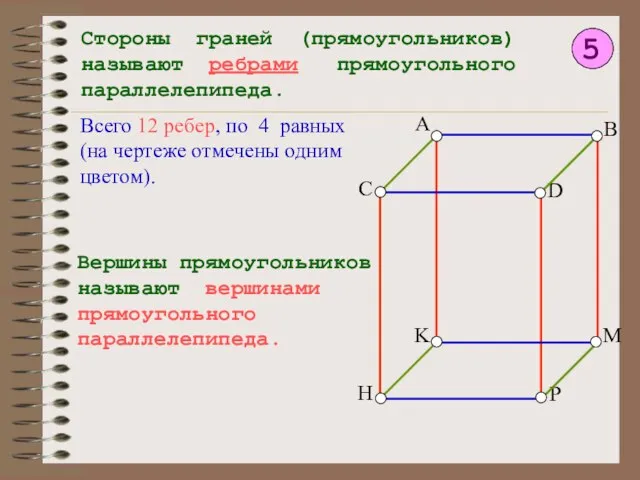 5 Стороны граней (прямоугольников) называют ребрами прямоугольного параллелепипеда. Вершины прямоугольников называют