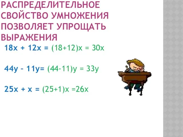 РАСПРЕДЕЛИТЕЛЬНОЕ СВОЙСТВО УМНОЖЕНИЯ ПОЗВОЛЯЕТ УПРОЩАТЬ ВЫРАЖЕНИЯ 18x + 12x = (18+12)х