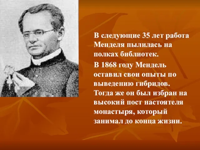 В следующие 35 лет работа Менделя пылилась на полках библиотек. В