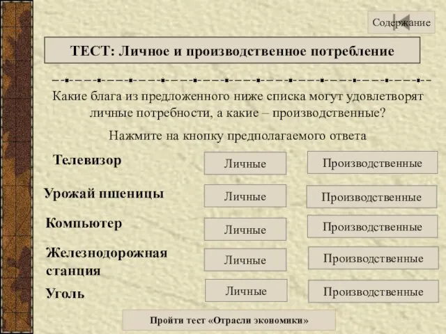 ТЕСТ: Личное и производственное потребление Какие блага из предложенного ниже списка