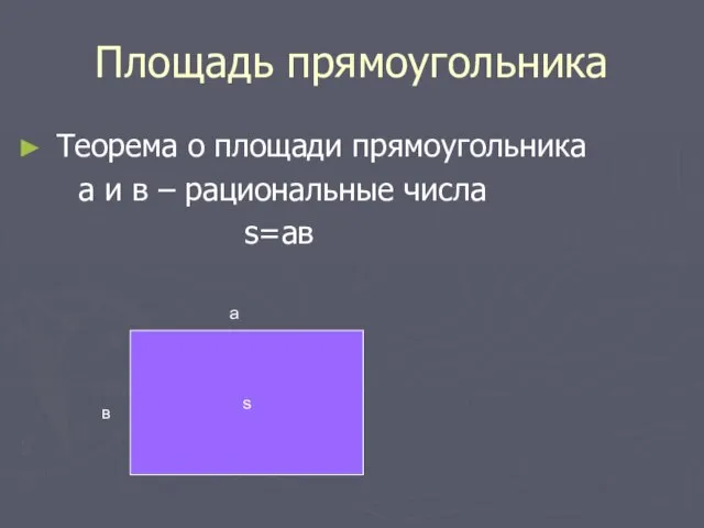 Площадь прямоугольника Теорема о площади прямоугольника а и в – рациональные числа s=ав s а в