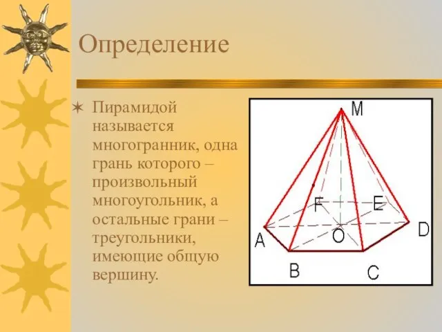 Определение Пирамидой называется многогранник, одна грань которого – произвольный многоугольник, а