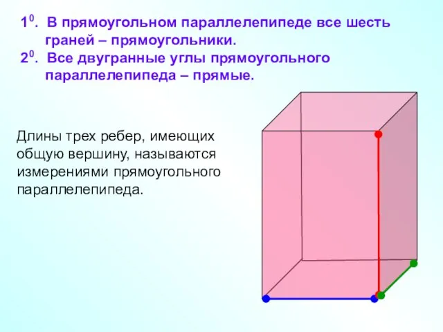 10. В прямоугольном параллелепипеде все шесть граней – прямоугольники. 20. Все