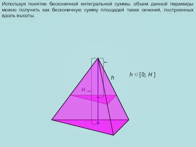 h H Используя понятие бесконечной интегральной суммы, объем данной пирамиды можно