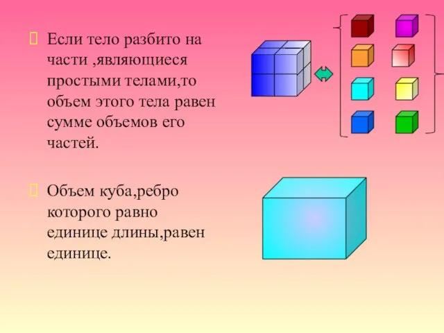 Если тело разбито на части ,являющиеся простыми телами,то объем этого тела