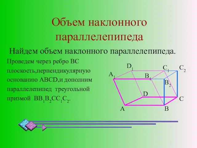 Объем наклонного параллелепипеда Найдем объем наклонного параллелепипеда. Проведем через ребро BC