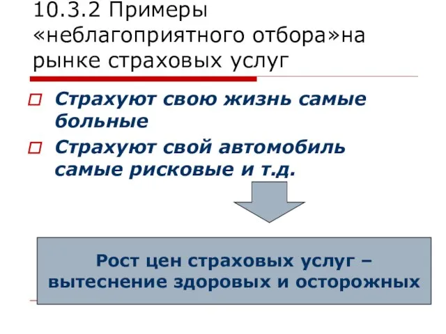 10.3.2 Примеры «неблагоприятного отбора»на рынке страховых услуг Страхуют свою жизнь самые