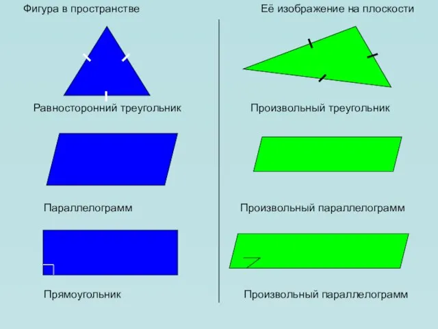 Фигура в пространстве Её изображение на плоскости Равносторонний треугольник Произвольный треугольник