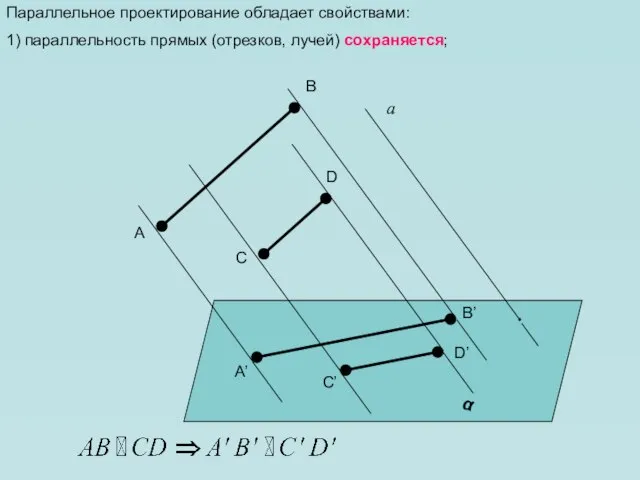 Параллельное проектирование обладает свойствами: 1) параллельность прямых (отрезков, лучей) сохраняется; α