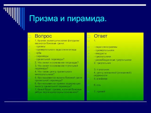 Призма и пирамида. Вопрос 1. Какими геометрическими фигурами являются боковые грани: