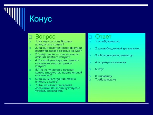 Конус Вопрос 1. Из чего состоит боковая поверхность конуса? 2. Какой