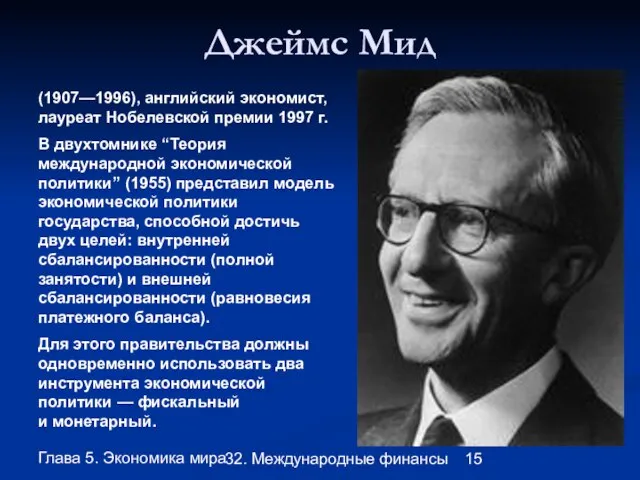 Глава 5. Экономика мира 32. Международные финансы Джеймс Мид (1907—1996), английский