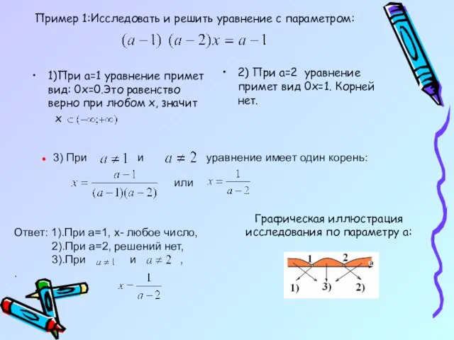 2) При а=2 уравнение примет вид 0х=1. Корней нет. 3) При