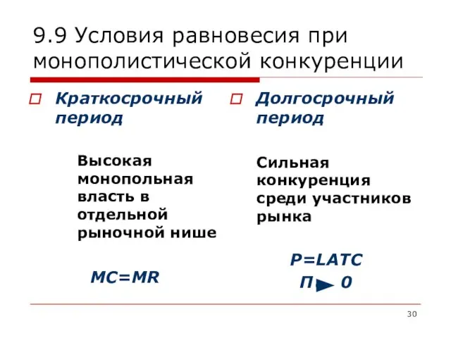 9.9 Условия равновесия при монополистической конкуренции Краткосрочный период Высокая монопольная власть