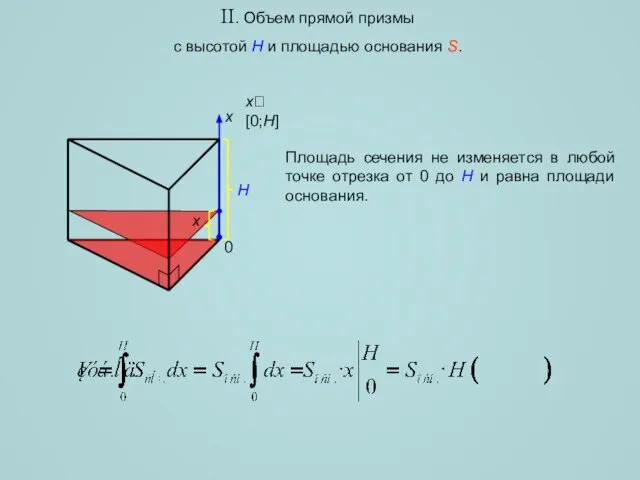 II. Объем прямой призмы с высотой H и площадью основания S.